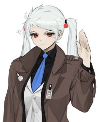 Rule 34 | 1girl, absurdres, bad id, bad pixiv id, black shirt, blue necktie, brown coat, character name, character request, coat, collared shirt, cyphers, genderswap, genderswap (mtf), hand up, highres, long hair, looking at viewer, name tag, necktie, norunollu, red eyes, shirt, simple background, smile, solo, twintails, upper body, white background, white hair