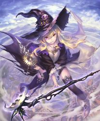 Rule 34 | 10s, 1girl, artist request, blonde hair, boots, cityscape, cloud, cloudy sky, cygames, dagger, dorothy (shingeki no bahamut), dual wielding, hat, holding, jewelry, knife, long hair, necklace, official art, red eyes, shadowverse, shingeki no bahamut, sky, smile, staff, thighhighs, weapon, witch hat