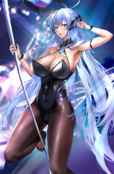 Rule 34 | 1girl, a-by, absurdres, animal ears, arm strap, azur lane, bare shoulders, black leotard, blue eyes, bodystocking, breasts, cleavage, covered navel, detached collar, fake animal ears, highleg, highleg leotard, highres, leg up, leotard, long hair, looking at viewer, new jersey (azur lane), new jersey (exhilarating steps!) (azur lane), official alternate costume, oversized breast cup, pantyhose, playboy bunny, pole, pole dancing, rabbit ears, see-through, see-through cleavage, solo, stage lights, strapless, strapless leotard, stripper pole, very long hair, wrist cuffs