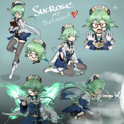 Rule 34 | 1girl, absurdres, animal ears, artist name, black thighhighs, blue skirt, blush, book, cat ears, commentary, dress, english commentary, english text, fang, flying sweatdrops, genshin impact, glasses, gloves, green hair, hat, heart, highres, long sleeves, looking at viewer, multicolored hair, open mouth, pandramodo, ponytail, semi-rimless eyewear, signature, skirt, sucrose (genshin impact), thighhighs, vision (genshin impact), white gloves, yellow eyes, zettai ryouiki