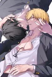 Rule 34 | 2boys, black eyes, black hair, black jacket, blonde hair, buttons, chainsaw man, collared shirt, denji (chainsaw man), hand on another&#039;s head, highres, imminent kiss, jacket, looking at viewer, male focus, multiple boys, open mouth, orange eyes, pectoral cleavage, pectorals, shirt, short hair, simple background, siraco (sira5 3), teeth, upper body, white background, white shirt, yaoi, yoshida hirofumi
