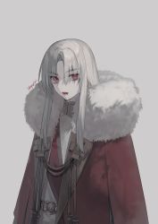 Rule 34 | 1boy, absurdres, bishounen, blood, blood from mouth, coat, eyes visible through hair, florists daisy, fur-trimmed coat, fur trim, grey background, grey hair, highres, ivan iv (florists daisy), long hair, male focus, original, parted lips, red eyes, red lips, signature, simple background, solo, upper body, vampire