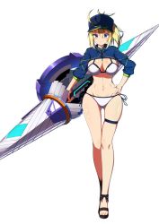 Rule 34 | 1girl, ahoge, artoria pendragon (fate), baseball cap, bikini, blonde hair, blue eyes, blue hat, blush, breasts, closed mouth, fate/grand order, fate (series), female focus, full body, gluteal fold, groin, hair between eyes, hand on own hip, hat, highres, holding, holding weapon, kawaruhi, large breasts, legs together, long hair, looking at viewer, mysterious heroine x (fate), mysterious heroine xx (fate), navel, polearm, ponytail, rhongomyniad (fate), sandals, shiny skin, shrug (clothing), side-tie bikini bottom, simple background, skindentation, smile, solo, spear, standing, swimsuit, thigh gap, thigh strap, toes, twinmyniad (fate), weapon, white background, white bikini, wide hips