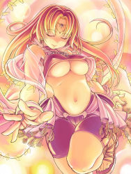 Rule 34 | 1girl, absurdres, blonde hair, breasts, bridal gauntlets, brown hair, circlet, covered erect nipples, dancer, dancer (ragnarok online), closed eyes, highres, jewelry, long hair, lots of jewelry, midriff, mil (xration), navel, non-web source, ragnarok online, sandals, solo, thigh gap, thighs, toes, underboob