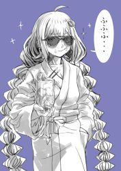 Rule 34 | 1girl, absurdres, ahoge, bathrobe, braid, breasts, cleavage, closed mouth, commentary request, cowboy shot, cup, cupping glass, food, food on face, greyscale with colored background, hair ornament, hand in pocket, highres, holding, holding cup, kizuna akari, long hair, long sleeves, looking at viewer, mashima jirou, medium breasts, monochrome, parfait, pocky, purple background, sanpaku, simple background, smirk, solo, sparkle, sunglasses, tinted eyewear, translation request, twin braids, very long hair, vocaloid, voiceroid