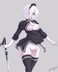 Rule 34 | adapted costume, alternate costume, apron, black thighhighs, blue eyes, breasts, cleavage cutout, clothing cutout, covered erect nipples, dated, enmaided, eyes visible through hair, frills, gloves, grey background, highres, holding, holding weapon, katana, leotard, leotard under clothes, maid, maid headdress, medium breasts, necktie, nier (series), nier:automata, parted lips, pink lips, puffy sleeves, scarlet zel, short hair, signature, simple background, solo, sword, thighhighs, weapon, white gloves, white hair, white necktie, 2b (nier:automata)