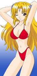 Rule 34 | 00s, 1girl, aliasing, armpits, arms behind head, bikini, blonde hair, breasts, brown eyes, facial mark, forehead mark, galaxy angel, gradient background, hair ornament, hairclip, highleg, highleg bikini, highres, large breasts, long hair, looking at viewer, narrow waist, one eye closed, ranpha franboise, simple background, smile, solo, swimsuit, very long hair, wink