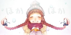 Rule 34 | 1girl, bad id, bad pixiv id, black ribbon, blush, braid, breath, brown hair, floating hair, food, gloves, grin, hair ribbon, hat, highres, holding, holding food, nose blush, original, purple gloves, red scarf, ribbon, saino (sainoomisaki), scarf, sin mis, smile, solo, steam, translation request, twin braids, twintails, upper body, white background, white hat