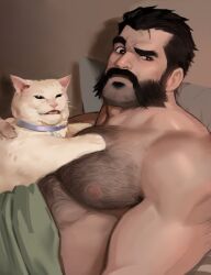 Rule 34 | 1boy, animal, bara, beard, black hair, body hair, bright pupils, cat, cat on person, chest hair, covering privates, dopey (dopq), facial hair, graves (league of legends), highres, large pectorals, league of legends, looking at viewer, lying, male focus, mature male, meme, muscular, muscular male, mustache, nipples, nude cover, pectorals, raised eyebrow, revision, short hair, simple background, solo, woman yelling at cat (meme)