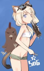 Rule 34 | 1girl, animal ears, blonde hair, blue eyes, bottle, carla j. luksic, goggles, goggles on head, long hair, looking at viewer, lowres, noble witches, shimada fumikane, short shorts, shorts, simple background, sketch, soda, solo, strapless, strike witches, tail, tube top, white tube top, world witches series