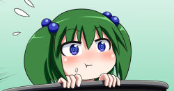 Rule 34 | 1girl, :t, @ @, blue eyes, commentary request, flying sweatdrops, food, food in mouth, food on face, green hair, hair bobbles, hair ornament, in container, kisume, portrait, rakugaki-biyori, rice, rice on face, solo, touhou, two side up