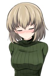 Rule 34 | 1girl, absurdres, aged up, aikir (jml5160), alternate breast size, blonde hair, blush, bob cut, breasts, casual, closed mouth, commentary, embarrassed, facing viewer, frown, girls und panzer, green sweater, highres, katyusha (girls und panzer), large breasts, ribbed sweater, short hair, simple background, solo, sweatdrop, sweater, turtleneck, upper body, white background