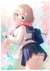 Rule 34 | 1girl, absurdres, ass, bag, blue eyes, blue skirt, blurry, blurry background, blush, branch, breasts, cherry blossoms, day, flower, from behind, hair flower, hair ornament, hand up, highres, holding, light brown hair, long sleeves, looking at viewer, looking back, medium breasts, nijihashi sora, no panties, open mouth, original, outdoors, petals, pleated skirt, sailor collar, scan, scarf, school bag, school uniform, short hair, simple background, skirt, solo, thighs, water, water drop