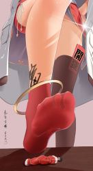 Rule 34 | 1boy, 1girl, absurdres, anklet, asymmetrical legwear, ayachimikami, azur lane, body writing, bound, chinese commentary, coat, convenient leg, feet, foot focus, giant, giantess, glasses, highres, jewelry, leg up, mini person, miniboy, no shoes, ping hai (azur lane), red legwear, soles, spread toes, stomping, tied up (nonsexual), toes, white coat