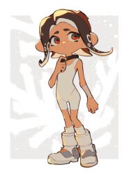 Rule 34 | 1girl, absurdres, agent 8 (splatoon), arm warmers, bare shoulders, bodysuit, boots, brown hair, coral, full body, hand up, highres, inari1369, long hair, looking to the side, nintendo, octoling, octoling girl, octoling player character, parted lips, red eyes, single arm warmer, sleeveless, sleeveless bodysuit, socks, solo, splatoon (series), splatoon 3, splatoon 3: side order, standing, suction cups, tentacle hair, white bodysuit, white footwear, white socks