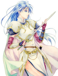 Rule 34 | 1girl, agahari, armor, bad id, bad pixiv id, blue eyes, blue hair, cape, circlet, cowboy shot, elbow gloves, female focus, fingerless gloves, fire emblem, fire emblem: the blazing blade, gloves, holding, holding sword, holding weapon, isadora, knight, lips, long hair, matching hair/eyes, nintendo, side slit, simple background, solo, sword, tabard, weapon
