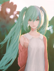 Rule 34 | 1girl, aqua eyes, aqua hair, aqua nails, blouse, blurry, blurry background, bokeh, breasts, collarbone, commentary, depth of field, english commentary, expressionless, hand up, hatsune miku, highres, jacket, lips, long hair, looking at viewer, nail polish, off-shoulder jacket, off shoulder, ojay tkym, outdoors, parted lips, pink jacket, shirt, sidelighting, sleeveless, sleeveless shirt, small breasts, solo, standing, twintails, very long hair, vocaloid, white shirt
