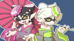 Rule 34 | + +, 2girls, bare shoulders, black hair, brown eyes, callie (splatoon), cousins, domino mask, earrings, fangs, food, food on head, highres, holding, inkling, japanese clothes, jewelry, kimono, long hair, looking at viewer, marie (splatoon), mask, mole, mole under eye, multiple girls, nintendo, object on head, off shoulder, oil-paper umbrella, one eye closed, open mouth, orange hair, polka dot, rippoutai, short hair, simple background, smile, smoking pipe, splatoon (series), splatoon 1, standing, tentacle hair, umbrella, upper body, white hair, wink, yellow eyes