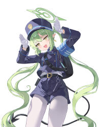 Rule 34 | 1girl, black hat, black jacket, black shorts, black tail, blue archive, blush, cowboy shot, demon tail, earrings, fang, gloves, green hair, green halo, greenapple, halo, hat, highres, jacket, jewelry, long hair, long sleeves, looking at viewer, nozomi (blue archive), open mouth, pantyhose, peaked cap, pointy ears, shorts, simple background, single earring, skin fang, smile, solo, tail, twintails, white background, white gloves, white pantyhose, yellow eyes