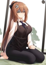 Rule 34 | 1girl, alternate costume, anger vein, apron, arm behind back, bad id, bad pixiv id, barefoot, black apron, black pants, blue neckwear, blush, breasts, brown hair, closed eyes, closed mouth, collared shirt, copiz, door, facing viewer, girls&#039; frontline, hair between eyes, hair ornament, highres, holding, indoors, large breasts, long hair, long sleeves, mimikaki, on floor, pants, ponytail, seiza, shaded face, shirt, sitting, smile, solo, springfield (girls&#039; frontline), very long hair, white shirt