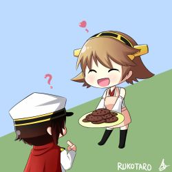 Rule 34 | 2girls, ?, ^ ^, admiral (kancolle), admiral (kancolle) (cosplay), apron, artist name, brown hair, cape, closed eyes, cookie, cosplay, crossover, detached sleeves, female admiral (kancolle), female admiral (kancolle) (cosplay), food, hairband, hat, heart, hiei (kancolle), kantai collection, multiple girls, no legwear, plate, red hair, ruby rose, rukotaro, rwby, shiny skin, short hair, simple background, smile, thighhighs