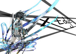 Rule 34 | 1girl, bare shoulders, black hair, bodysuit, full body, looking at viewer, machinery, mechanical wings, original, pale skin, purple eyes, short hair, shorts, simple background, solo, standing, sword, thigh strap, u-bm, weapon, white background, wings