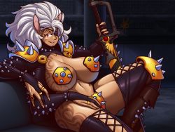 Rule 34 | abs, animal ears, armor, blazbaros, bodysuit, bracelet, breasts, bridal gauntlets, chainsword, cleavage, collar, couch, curvy, extra arms, eyepatch, fingernails, gem, genestealer, horse ears, huge breasts, imperium of man, jewelry, knee pads, large breasts, leaning back, long fingernails, looking at viewer, necromunda, on couch, pasties, pauldrons, red eyes, red gem, ring, shoulder armor, sitting, smile, solo, spiked boots, spiked bracelet, spiked collar, spikes, tan, tattoo, thick thighs, thighs, thong, tyranid, warhammer 40k, white hair, wide hips