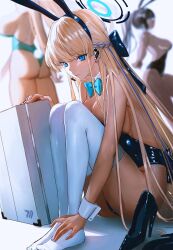 Rule 34 | 3girls, aqua leotard, ass, asuna (blue archive), asuna (bunny) (blue archive), black leotard, blonde hair, blue archive, blue eyes, blue leotard, bow, bowtie, breasts, briefcase, detached collar, ganet p, halo, high heels, highres, karin (blue archive), karin (bunny) (blue archive), leotard, long hair, medium breasts, microphone, multicolored hair, multiple girls, official alternate costume, playboy bunny, rabbit tail, shoes, unworn shoes, sitting, streaked hair, tail, thighhighs, thighs, toki (blue archive), toki (bunny) (blue archive), very long hair, white thighhighs, wrist cuffs
