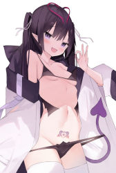 Rule 34 | 1girl, :d, bare shoulders, bikini, black bikini, black hair, blush, breasts, cisyo, coat, collarbone, cowboy shot, demon girl, demon tail, fang, highres, long hair, long sleeves, looking at viewer, micro bikini, navel, off shoulder, open clothes, open coat, open mouth, original, pointy ears, pubic tattoo, purple eyes, simple background, skin fang, small breasts, smile, solo, stomach, strap lift, swimsuit, tail, tattoo, thighhighs, twintails, underboob, white background, white coat, white thighhighs