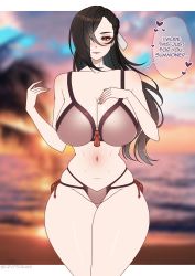 Rule 34 | 1girl, absurdres, bare shoulders, bikini, black hair, blurry, blurry background, blush, braid, breasts, brown eyes, cleavage, cryptid crab, curvy, fern, fire emblem, fire emblem fates, french braid, hair over one eye, hair ribbon, highres, kagero (fire emblem), large breasts, long hair, multi-strapped bikini, nintendo, ribbon, shore, solo, swimsuit, thighs, water