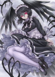 Rule 34 | 1girl, alternate costume, apron, back bow, bird girl, bird tail, bird wings, black bow, black bowtie, black dress, black footwear, black hair, bow, bowtie, collar, dress, enmaided, frilled apron, frilled collar, frilled dress, frills, glowing, glowing eyes, head wings, high collar, highres, kemono friends, kosai takayuki, long sleeves, looking at viewer, maid, maid apron, maid day, mary janes, pantyhose, red eyes, shoes, short hair, sidelocks, sleeve cuffs, solo, tail, white apron, white pantyhose, wings, yatagarasu (kemono friends)
