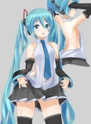 Rule 34 | 1girl, aqua eyes, aqua hair, arms up, backless outfit, clothes lift, detached sleeves, hatsune miku, headphones, highres, lifted by self, long hair, moeufocatcher, multiple views, nail polish, necktie, skirt, thighhighs, twintails, very long hair, vocaloid