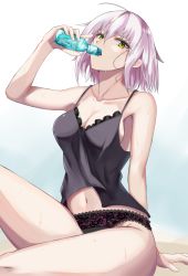 Rule 34 | 1girl, ahoge, black panties, blush, bottle, breasts, camisole, cleavage, collarbone, fate/grand order, fate (series), highres, holding, holding bottle, jeanne d&#039;arc (fate), jeanne d&#039;arc alter (avenger) (fate), jeanne d&#039;arc alter (fate), large breasts, looking at viewer, navel, panties, parted lips, short hair, sideboob, sitting, solo, underwear, water bottle, white hair, yamikyon, yellow eyes