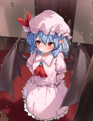 Rule 34 | 1girl, 1other, :o, absurdres, arms behind back, ascot, blue hair, blush, brooch, collared shirt, commentary, day, demon wings, door, ei tantan, embarrassed, frilled shirt, frilled skirt, frilled sleeves, frills, from above, hair between eyes, hat, highres, indoors, jewelry, lens flare, light particles, long skirt, looking to the side, medium hair, mob cap, open mouth, pink skirt, pointy ears, puffy short sleeves, puffy sleeves, red ascot, red eyes, remilia scarlet, shadow, shirt, short sleeves, skirt, standing, sunlight, touhou, valentine, wings