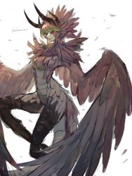 Rule 34 | 1girl, black sclera, breasts, colored eyelashes, colored sclera, commentary request, fangs, feathered wings, feathers, harpy, highres, horns, looking at viewer, monster girl, original, red eyes, ruteko (ruko220), signature, small breasts, solo, tail, winged arms, wings