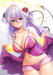 Rule 34 | 1girl, ahoge, alternate costume, areola slip, babydoll, bare shoulders, blue eyes, blue nails, blush, bombergirl, bracelet, breasts, cameltoe, cleavage, clothes lift, collarbone, covered erect nipples, cowboy shot, demon tail, dress, dress lift, frilled panties, frills, gradient background, groin, hair between eyes, halo, heterochromia, highres, holding, holding clothes, jewelry, large breasts, lingerie, long hair, looking to the side, midriff, multicolored hair, nail polish, navel, nipples, panties, papuru (bombergirl), pink babydoll, pink nails, pink panties, pout, purple hair, red eyes, see-through, sidelocks, simple background, solo, sparks, string panties, tail, tears, translation request, two side up, underwear, utata (122), white background, white hair
