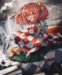 Rule 34 | 1girl, apron, arm up, ayahi 4, back, bell, blush, book, brush, commentary request, eyes visible through hair, frills, green skirt, hair between eyes, hair ornament, hand up, highres, long sleeves, looking to the side, motoori kosuzu, open mouth, plaid, plaid shirt, red eyes, red hair, red shirt, shadow, shirt, short hair, short twintails, skirt, smile, solo, standing, teeth, tongue, touhou, twintails, wall, white shirt, wide sleeves, yellow apron