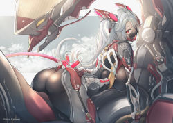 Rule 34 | 1girl, absurdres, alternate costume, antenna hair, arm guards, armor, ass, azur lane, black bodysuit, bodysuit, breasts, character name, cloud, covered mouth, fake tail, from behind, headgear, highres, huge filesize, large breasts, long hair, looking at viewer, looking back, mask, mecha, mouth mask, multicolored hair, prinz eugen (azur lane), red eyes, red hair, robot, silver hair, solo, streaked hair, tail, two side up, very long hair, yusha m
