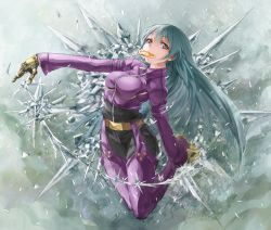 Rule 34 | 1girl, belt, blue hair, bodysuit, candy, food, gloves, highres, ice, kula diamond, lollipop, long hair, mouth hold, purple bodysuit, purple eyes, ricci, snk, solo, the king of fighters