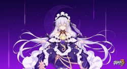Rule 34 | 1girl, absurdres, alternate costume, bare shoulders, boots, breasts, cici, crescent, dress, earrings, facing viewer, frilled dress, frills, gradient background, hair between eyes, hair ornament, hair ribbon, hands up, headdress, highres, honkai (series), honkai impact 3rd, jewelry, layered dress, logo, long hair, low twintails, off-shoulder dress, off shoulder, official art, purple background, purple ribbon, ribbon, silver hair, single earring, smile, solo, star (symbol), star hair ornament, theresa apocalypse, thigh boots, thighhighs, third-party source, twintails, veil