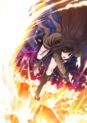 Rule 34 | action, black hair, fantasy earth zero, fire, foreshortening, gloves, long hair, night, open mouth, purple eyes, road, ryouku, solo, street, sword, weapon
