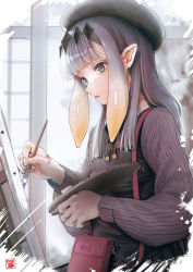Rule 34 | 1girl, absurdres, atagumo yuba, bad id, bad pixiv id, bag, beret, black dress, black hat, blue eyes, blunt bangs, canvas (object), dress, easel, hair ornament, handbag, hat, highres, holding, hololive, hololive english, indoors, long hair, long sleeves, looking at viewer, multicolored hair, ninomae ina&#039;nis, ninomae ina&#039;nis (casual), official alternate costume, paint on body, paintbrush, painting (action), palette (object), parted lips, pointy ears, purple hair, solo, tentacle hair, tentacles, upper body, virtual youtuber, window
