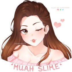 Rule 34 | 1girl, artist name, bare shoulders, blush, breasts, brown eyes, brown hair, cleavage, collarbone, commentary, commission, deviantart logo, english commentary, face, heart, highres, instagram logo, long hair, looking at viewer, one eye closed, original, puppypaww, simple background, solo, twitter logo, white background
