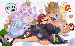 Rule 34 | 1-up mushroom, 1up, 2boys, 2girls, big nose, black dress, black gloves, blonde hair, blue eyes, boo (mario), borrowed design, bowsette, bracelet, breasts, choker, collar, crown, dress, earrings, elbow gloves, facial hair, fangs, fire, frilled collar, frilled gloves, frills, ghost, gloves, goomba, hat, heart, highres, horns, jewelry, koopa troopa, large breasts, looking at another, luigi, luigi&#039;s mansion, lying, mario, mario (series), multiple boys, multiple girls, mushroom, mustache, natsume-same, new super mario bros. u deluxe, nintendo, on side, pale skin, pixelated, pointy ears, ponytail, princess king boo, puffy short sleeves, puffy sleeves, purple eyes, sharp teeth, shell, short sleeves, smile, spiked bracelet, spiked choker, spiked tail, spikes, strapless, strapless dress, super crown, tail, teeth, tongue, tongue out, transparent, turtle shell, white dress, white gloves, white hair