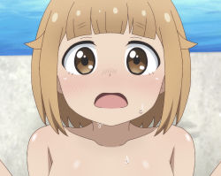 Rule 34 | 1girl, beach, blush, breasts, brown eyes, brown hair, collarbone, highres, houkago teibou nisshi, large breasts, looking at viewer, nude, ocean, open mouth, poa mellhen, sand, short hair, sweat, tsurugi hina, upper body, water