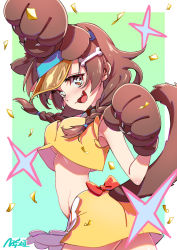 Rule 34 | 1girl, :3, animal ears, animal hands, bone-shaped pupils, braid, breasts, brown eyes, brown hair, cowboy shot, crop top, dog ears, dog girl, dog tail, doggy god&#039;s street, from side, highres, hololive, inugami korone, long hair, looking at viewer, medium breasts, midriff, nisui noki, no bra, open mouth, skirt, sleeveless, smile, symbol-shaped pupils, tail, twin braids, underboob, virtual youtuber, visor