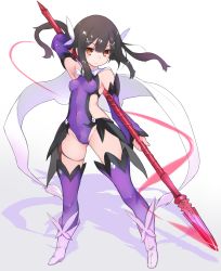 Rule 34 | 1girl, armpits, black hair, boots, breasts, brown eyes, capelet, covered navel, detached sleeves, fate/kaleid liner prisma illya, fate (series), feather hair ornament, feathers, full body, gae bolg (fate), hair ornament, hairclip, highres, holding, holding polearm, holding spear, holding weapon, karukan (monjya), leotard, magical girl, miyu edelfelt, polearm, purple leotard, purple thighhighs, sidelocks, small breasts, solo, spear, standing, thigh strap, thighhighs, weapon, white capelet, white footwear, x hair ornament