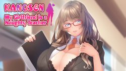 Rule 34 | 1girl, black suit, blue eyes, blurry, blurry background, blush, boku no kanojo wa ecchi na sensei, bra, breasts, brown hair, copyright name, english text, female focus, formal, game cg, glasses, hand on own chest, hands up, hayama kazusa, head tilt, holding, huge breasts, indoors, long hair, looking at viewer, necktie, ogin bara, original, parted lips, red-framed eyewear, smile, solo, suit, unbuttoned, underwear, upper body