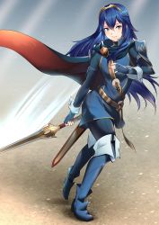 Rule 34 | 1girl, ameno (a meno0), bad id, bad twitter id, blue hair, boots, breasts, cape, falchion (fire emblem), fingerless gloves, fire emblem, fire emblem awakening, full body, gloves, grey eyes, hair between eyes, highres, holding, holding sword, holding weapon, leggings, long hair, lucina (fire emblem), nintendo, scabbard, sheath, small breasts, smile, solo, sword, thigh boots, thighhighs, tiara, weapon