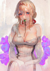 Rule 34 | 10s, 1girl, amputee, amulet, aoin, averting eyes, blonde hair, blue eyes, braid, breasts, cleavage, dress, floral background, flower, french braid, hair between eyes, hair intakes, hair ribbon, highres, jewelry, long hair, long sleeves, looking at viewer, medium breasts, mouth hold, necklace, off shoulder, red ribbon, ribbon, solo, unworn jewelry, unworn necklace, upper body, violet (flower), violet evergarden, violet evergarden (series)